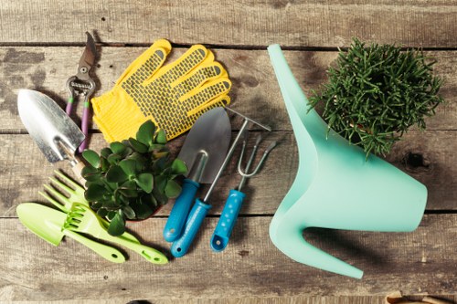 This image displays a collection of gardening tools and accessories arranged on a weathered wooden surface, suitable for gardening and lawn maintenance in Croydon. Visible items include a pair of yellow gardening gloves with black grip dots, a small hand trowel with a silver blade, a pointed hand fork, and a larger hand spade, all with light blue handles. There is also a green plastic spray nozzle, a small potted plant with dense, dark green foliage, and a pair of green plastic scissors. The tools are arranged neatly, with the gloves placed over the trowel and fork, emphasizing their use for gardening tasks such as planting, trimming, or soil cultivation. The setting suggests a preparation area for outdoor garden work, reflecting the ongoing maintenance of lawn and garden spaces typical in Croydon residential gardens. The weather appears to be fair with natural daylight illuminating the scene, appropriate for garden care activities. This collection of tools and plant-related items supports gardening services offered by Lawn Mowing Croydon, ensuring clients' garden elements are well maintained and aesthetically pleasing.